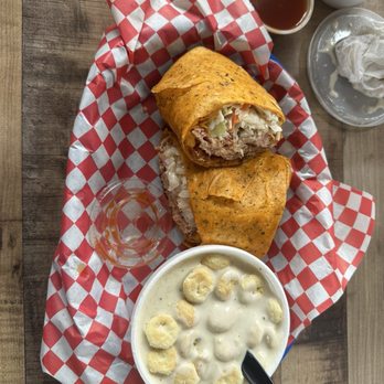 Poor Richard's Sandwich Shop - Heart Attack Wrap with calm chowder - Sandwiches Near Me - Manteo, North Carolina
