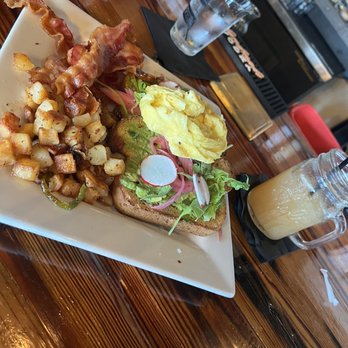 Lunch. Supper! - Avocado toast with eggs and bacon on the side - New American Near Me - Richmond, Virginia