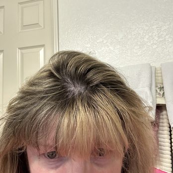 Perch Studio  - My new lived in blonde. It's not blonde it's dark and half the bangs and roots at the top are brassy. - Hair Stylists Near Me - Victorville, California