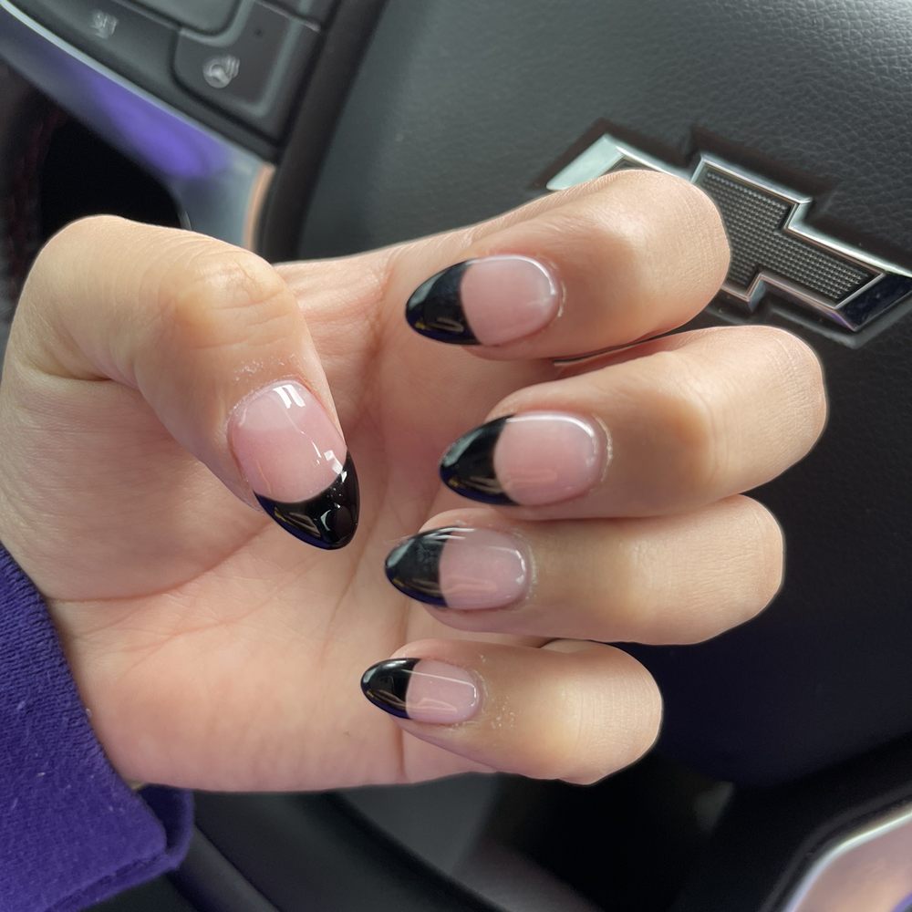 Essence Nails & Spa - Acrylic almond shaped nails with black tips - Nail Salons Near Me - Provo, Utah Essence Nails & Spa - Acrylic almond shaped nails with black tips - Nail Salons Near Me - Provo, Utah