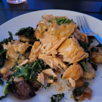 Primo Waterfront - Grilled salty salmon with salty Newberg sauce and salty veg. - Italian Near Me - Newburgh, New York Primo Waterfront - Grilled salty salmon with salty Newberg sauce and salty veg. - Italian Near Me - Newburgh, New York
