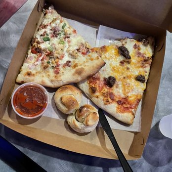 Sliceworks - Slice of the month, Bacon Cheeseburger Slice and Garlic Knots - Pizza Near Me - Denver, Colorado Sliceworks - Slice of the month, Bacon Cheeseburger Slice and Garlic Knots - Pizza Near Me - Denver, Colorado