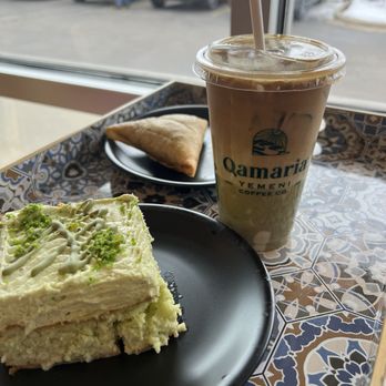 Qamaria Coffee - Pistachio latte (iced), pistachio tres leches, beef samosa. - Coffee & Tea Near Me - Greenfield, Wisconsin