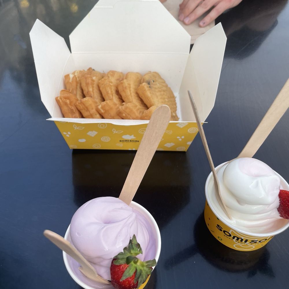 Somisomi - Ube (purple yam) and sakura berry soft serve in cups and taiyaki with a variety of fillings to share - Ice Cream & Frozen Yogurt Near Me - San Mateo, California Somisomi - Ube (purple yam) and sakura berry soft serve in cups and taiyaki with a variety of fillings to share - Ice Cream & Frozen Yogurt Near Me - San Mateo, California
