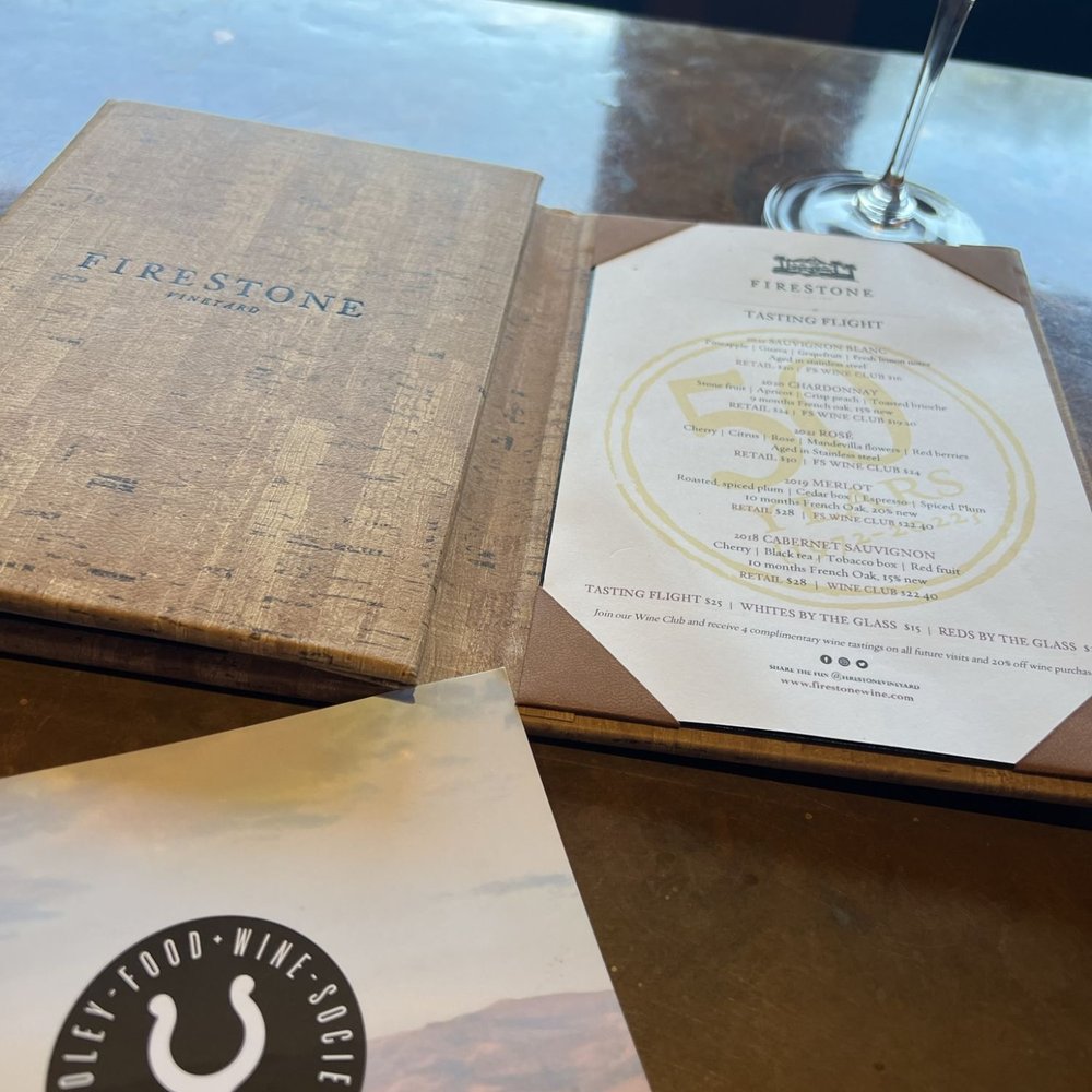 Firestone Vineyard - The tasting menu. And of course their sales brochure - Wine Tasting Room Near Me - Los Olivos, California