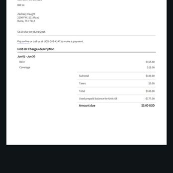 Curio Storage Silsbee - This shows they RANDOMLY added a $3 fee AFTER everything was paid IN FULL and AFTER the invoice for June had already been generated. - Self Storage Near Me - Silsbee, Texas Curio Storage Silsbee - This shows they RANDOMLY added a $3 fee AFTER everything was paid IN FULL and AFTER the invoice for June had already been generated. - Self Storage Near Me - Silsbee, Texas