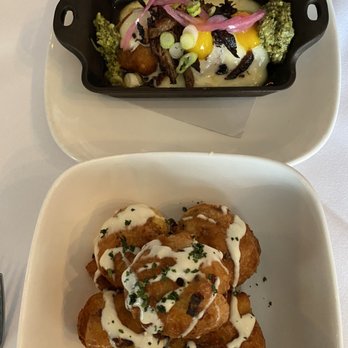 The Frog & The Peach - Top- Hash Brown Poutine  Bottom- Bacon Beignets - New American Near Me - New Brunswick, New Jersey