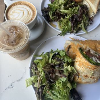 Lula's Cafe - Sourdough Chicken Salad Melt, hot latte, iced latte, gluten free Spinaberry wrap! - Cafes Near Me - Shelby Township, Michigan