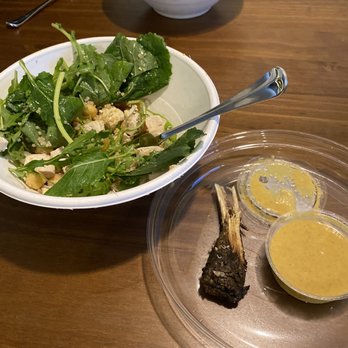 Crisp & Green - CHICKEN CASABLANCA signature salad, dressing on the side, with the chicken bone that I found in my bowl... - Salad Near Me - Dallas, Texas