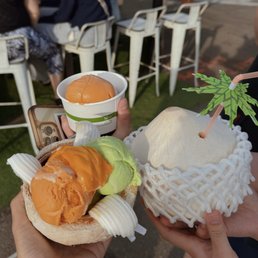 coconut sundae w mango, pandan, and thai tea ice cream and fresh mango (left)