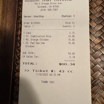 Season Thai Cuisine - Bill - Thai Near Me - Burbank, California