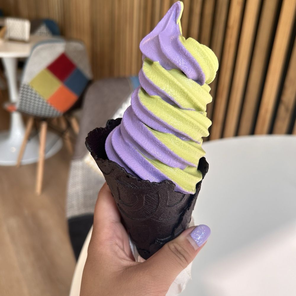 Robins Creamery - Ube/match swirl on a black vanilla cone - Ice Cream & Frozen Yogurt Near Me - Nanuet, New York Robins Creamery - Ube/match swirl on a black vanilla cone - Ice Cream & Frozen Yogurt Near Me - Nanuet, New York