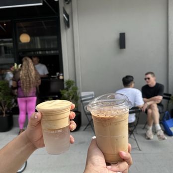 Rhythm Zero - Coco Americano left, pear brown sugar iced latte right - Coffee & Tea Near Me - Brooklyn, New York
