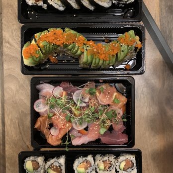 Wabi Sabi - Eels up roll, green dragon roll, carpaccio, and salmon roll (add avocado). - Sushi Bars Near Me - Santa Barbara, California Wabi Sabi - Eels up roll, green dragon roll, carpaccio, and salmon roll (add avocado). - Sushi Bars Near Me - Santa Barbara, California