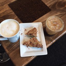 Cappucino, cinnamon scone, and decaf vanilla iced :)