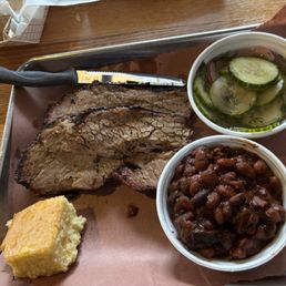 Brisket, cucumber salad, BBQ Pit Beans & cornbread. Yummy!