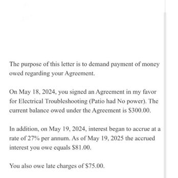 California Electrical Services - Letter of daily interest and late fees of $156 from California Electrical Services - Electricians Near Me