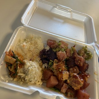 Grinds 2 Da Max Russell - Poke Sampler! (4 different poke, sushi rice, ube scoop, potato and crab salad, and kimchi) - Hawaiian Near Me - Las Vegas, Nevada