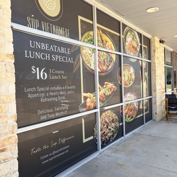 Sup Vietnamese Pho & Grill - Outside window with Lunch Special (L) - Noodles Near Me - Pasadena, Texas