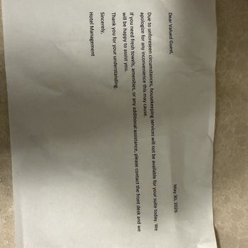 TownePlace Suites - On day two we were told they only have one housekeeper so we didn't get serviced. Found this under our door on day three. - Hotels Near Me - Pigeon Forge, Tennessee TownePlace Suites - On day two we were told they only have one housekeeper so we didn't get serviced. Found this under our door on day three. - Hotels Near Me - Pigeon Forge, Tennessee