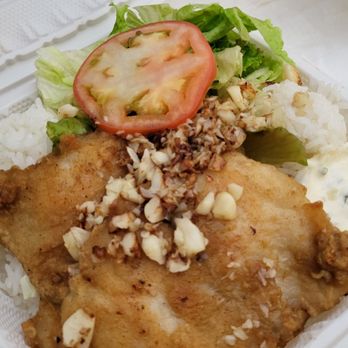Liliha Drive Inn - Garlic basa, rice, tossed salad, Italian dressing, tartar sauce. - Barbeque Near Me - Honolulu, Hawaii Liliha Drive Inn - Garlic basa, rice, tossed salad, Italian dressing, tartar sauce. - Barbeque Near Me - Honolulu, Hawaii