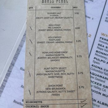 The Brass Pearl - oyster menu - Live/Raw Food Near Me - Knoxville, Tennessee