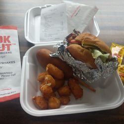 Cook Out - Single burger, fried cheese bites, corn dog, shake.
