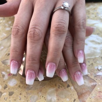 Silk Royal Nails - Pink glitter and white tip acrylic nail design - Nail Salons Near Me - Westchester, Illinois