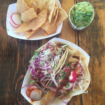Tacoway Beach - Tofu taco and fish taco ($3.50 apiece), along with chips & guac ($5) - Mexican Near Me - Rockaway Beach, New York