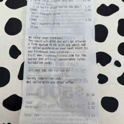 Firehouse Subs - My receipt for 2 subs.