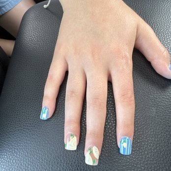 Glossy Nails - Blue stripes with lemons - Nail Salons Near Me - Nashua, New Hampshire
