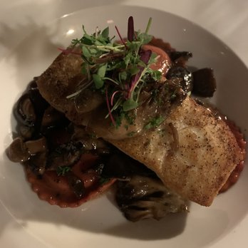 Mangia e Bevi - Excellent cut of halibut with pumpkin ravioli and mushroom - Italian Near Me - Oceanside, California
