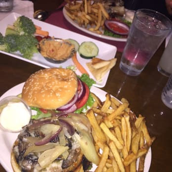 Fenwick's - Veggie Burger (closer to camera) and Beef burger (further away) both with fresh cut fries and onions and mushrooms and Swiss. - American Near Me - Charlotte, North Carolina Fenwick's - Veggie Burger (closer to camera) and Beef burger (further away) both with fresh cut fries and onions and mushrooms and Swiss. - American Near Me - Charlotte, North Carolina