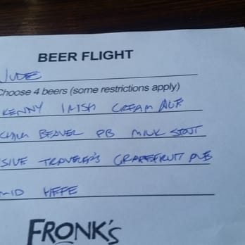 Fronk's - My choices for the beer flight. I really enjoyed the grapefruit ale and pb stout. Refreshing... - Burgers Near Me - Bellflower, California