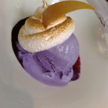 Geronimo - coconut & jasmine bombe in blueberry soup and tuille - French Near Me - Santa Fe, New Mexico