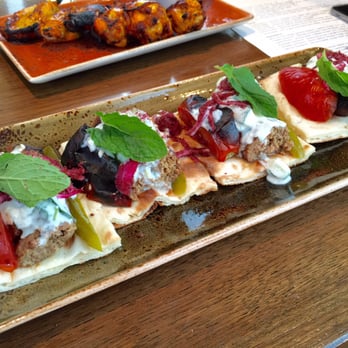 Rumi's Kitchen - Lamb Sliders - ground lamb, roasted tomato, mint, surmac red onion, yogurt sauce & open flatbread - Persian/Iranian Near Me - Atlanta, Georgia