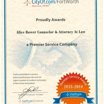 Alice Bower, Attorney at Law - Premier Service 2013-2014 - Bankruptcy Law Near Me - Fort Worth, Texas