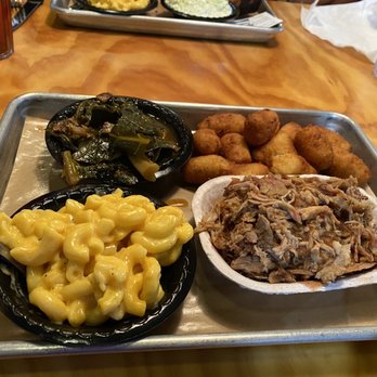 Little Richard's Barbeque - Chopped BBQ (pork) with Mac n cheese, collards and hush puppies - Barbeque Near Me - Mount Airy, North Carolina