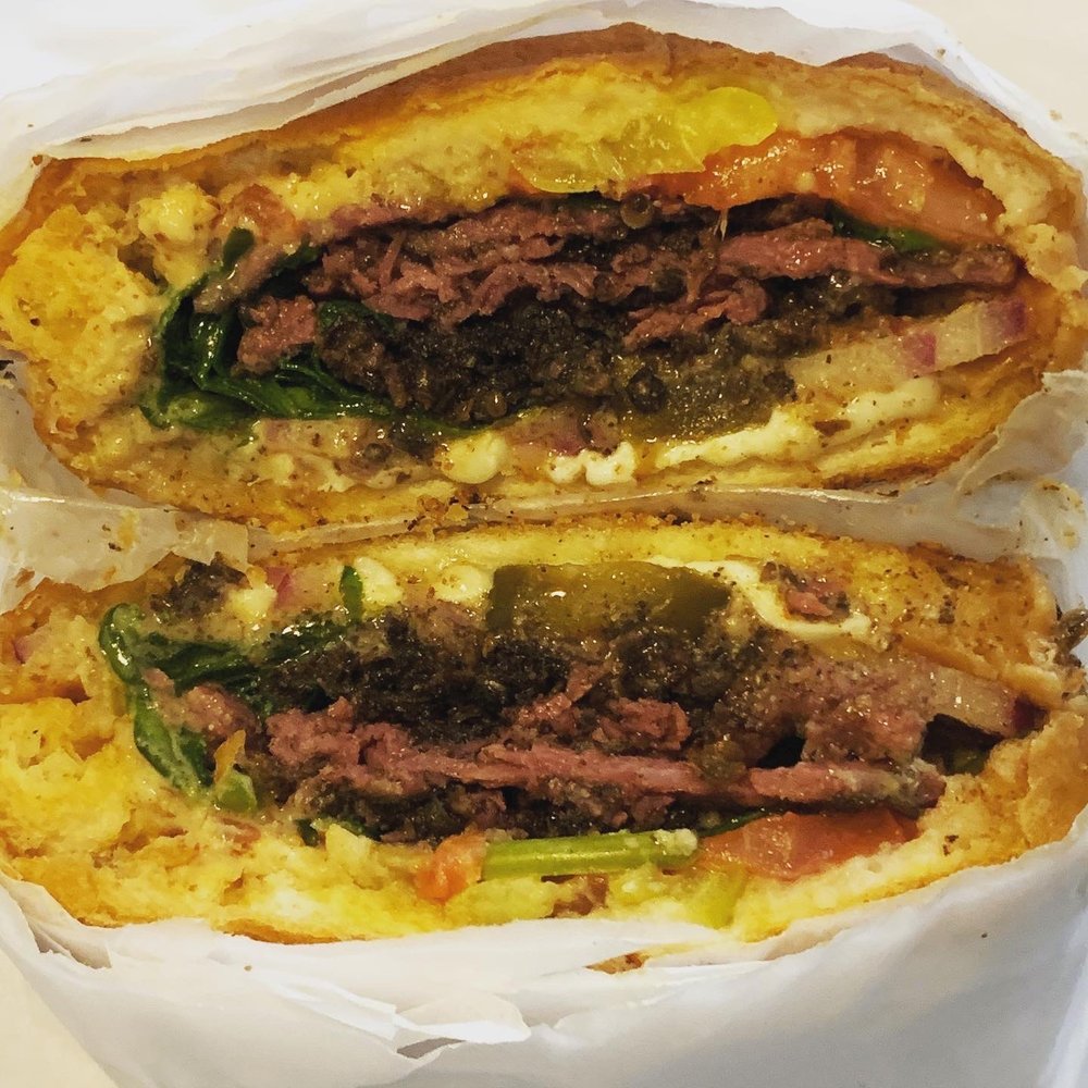 Yo-Way Eatery - Poppin Pastrami (pastrami, white American, honey & spicy mustards, tomatoes, pickles, spinach, red onions, banana peppers, French roll) - Juice Bars & Smoothies Near Me - Gardena, California Yo-Way Eatery - Poppin Pastrami (pastrami, white American, honey & spicy mustards, tomatoes, pickles, spinach, red onions, banana peppers, French roll) - Juice Bars & Smoothies Near Me - Gardena, California