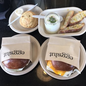 Eggslut - 2 Bacon, Egg & Cheese sandwich, biscuit with honey butter, and Slut - Breakfast & Brunch Near Me - Los Angeles, California Eggslut - 2 Bacon, Egg & Cheese sandwich, biscuit with honey butter, and Slut - Breakfast & Brunch Near Me - Los Angeles, California