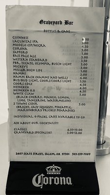 Menu photo 1 Graveyard Bar Salem, OR