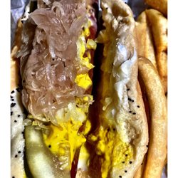 Skyway Dog House - Shaggy Dog & Fries (mustard onions pickle swiss cheese & sauerkraut !!) total less than 5$! @ Skyway Dog House.Chicago, IL .Drive Thru.Cool!