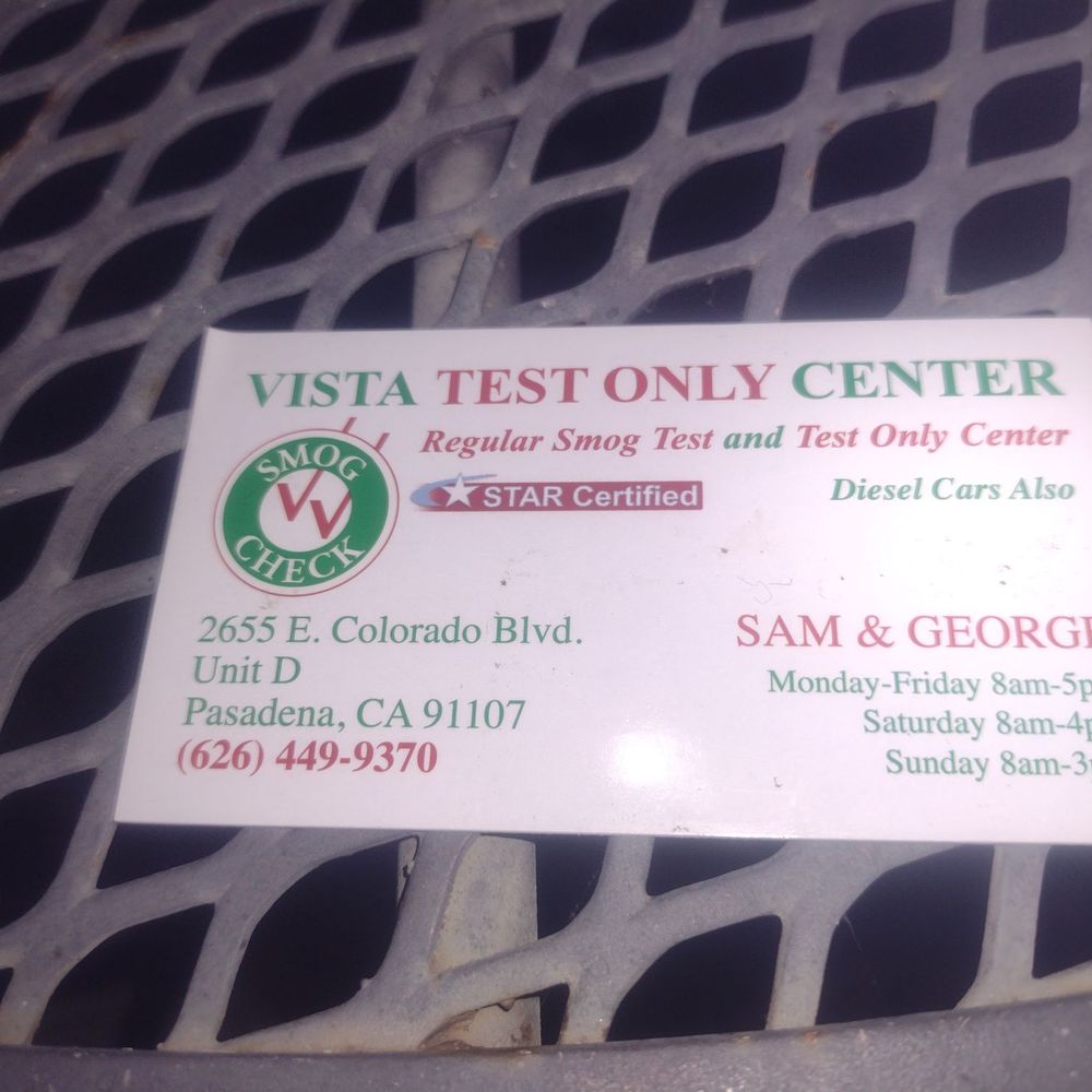 Vista Test Only Center - Their business card. - Smog Check Stations Near Me - Pasadena, California Vista Test Only Center - Their business card. - Smog Check Stations Near Me - Pasadena, California