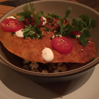 The Dabney - Benne & Duck Tostada - charred corn, tomatillo, purple cape beans & cilantro - New American Near Me - Washington, DC, District of Columbia The Dabney - Benne & Duck Tostada - charred corn, tomatillo, purple cape beans & cilantro - New American Near Me - Washington, DC, District of Columbia