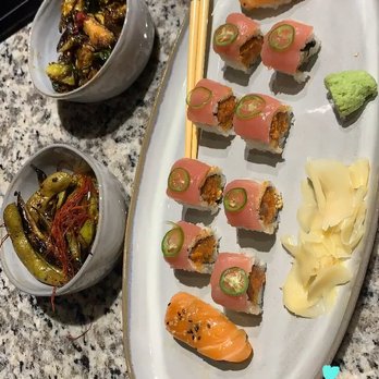 TenTen - Edamame, Brussels sprouts, Salmon Nigiri, and Spicy Tuna Roll - Japanese Near Me - Austin, Texas