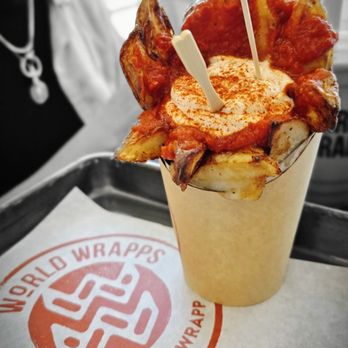 World Wrapps - Papas Bravas Fries (cut & baked potatoes with garlic aioli and bravas sauce) - Thai Near Me - San Ramon, California World Wrapps - Papas Bravas Fries (cut & baked potatoes with garlic aioli and bravas sauce) - Thai Near Me - San Ramon, California