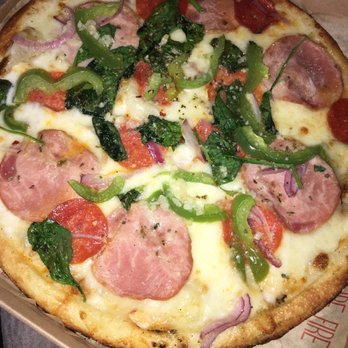 Blaze Pizza - BYO w/ white cream sauce, mozzarella, ham, pep, red onion, green bell peppers, spinach, oregano and chopped garlic!!! - Salad Near Me - Fort Worth, Texas Blaze Pizza - BYO w/ white cream sauce, mozzarella, ham, pep, red onion, green bell peppers, spinach, oregano and chopped garlic!!! - Salad Near Me - Fort Worth, Texas
