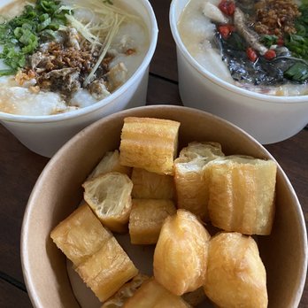 Secret Congee - Garlic Blue Crab congee and  Barramundi Sea Bass & Chinese Herbs congee along w Youtiao - Asian Fusion Near Me - Seattle, Washington