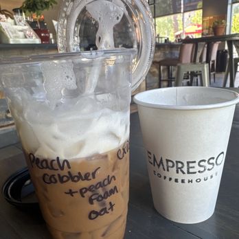 Empresso Coffeehouse - Peach cobbler latte with peach cold foam - Coffee & Tea Near Me - Stockton, California