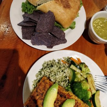 A Moveable Feast - Salmon sandwich and veggie patty plate - Health Markets Near Me - Houston, Texas
